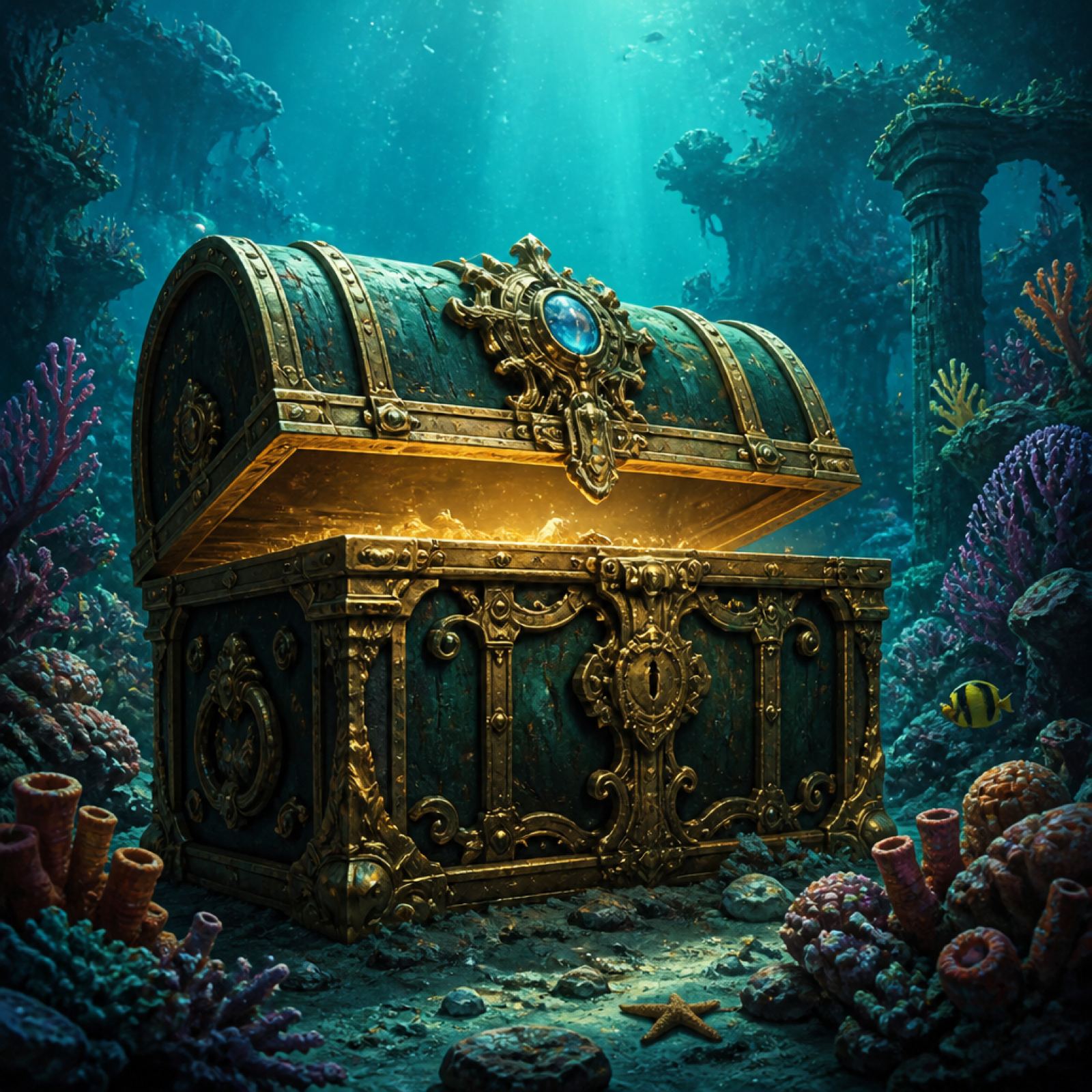 Treasure chest open on the seabed