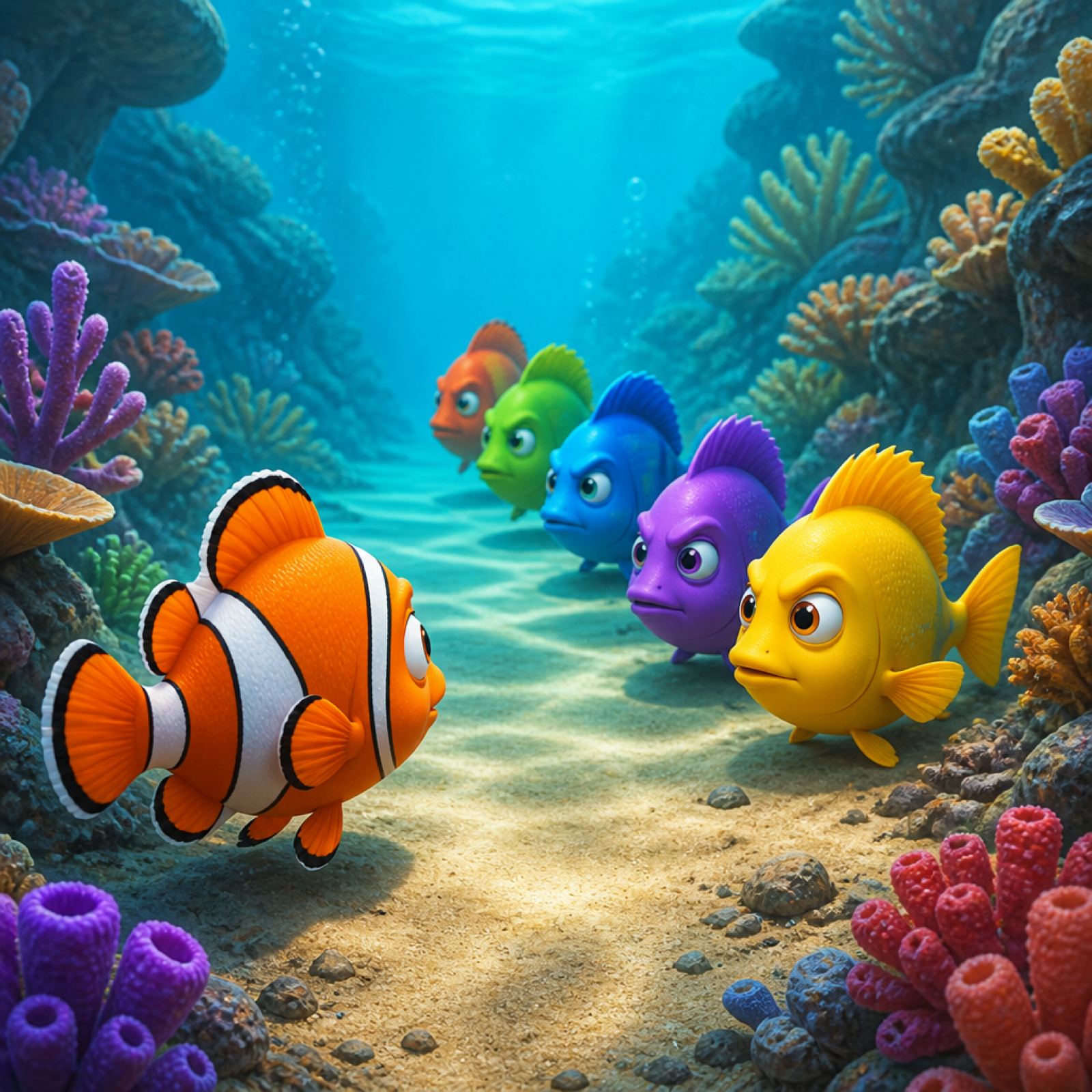 Clownfish facing a line of reef fish underwater